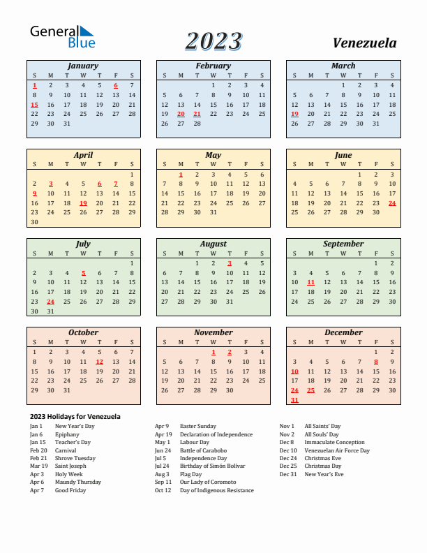 Venezuela Calendar 2023 with Sunday Start