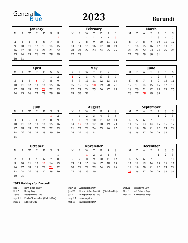 2023 Burundi Holiday Calendar - Monday Start