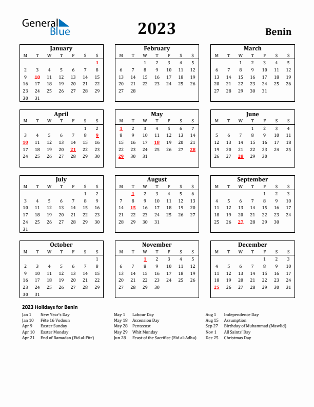 2023 Benin Holiday Calendar - Monday Start