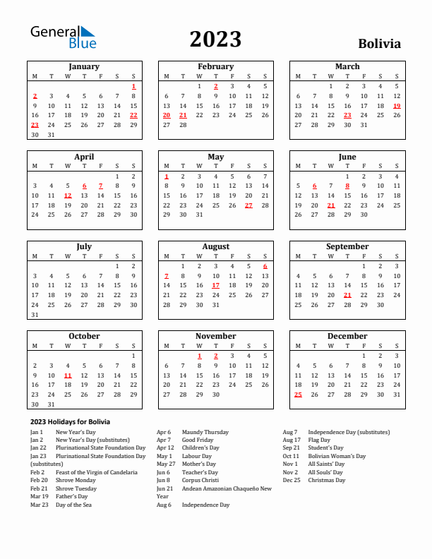 2023 Bolivia Holiday Calendar - Monday Start