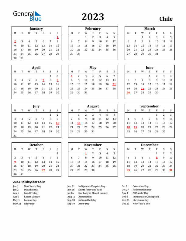 2023 Chile Holiday Calendar - Monday Start