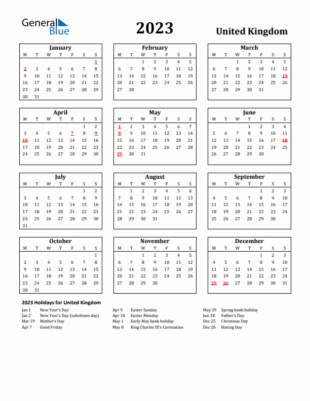 2023 United Kingdom Holiday Calendar - Monday Start