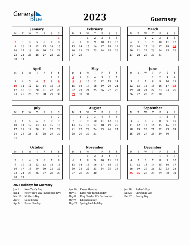 2023 Guernsey Holiday Calendar - Monday Start