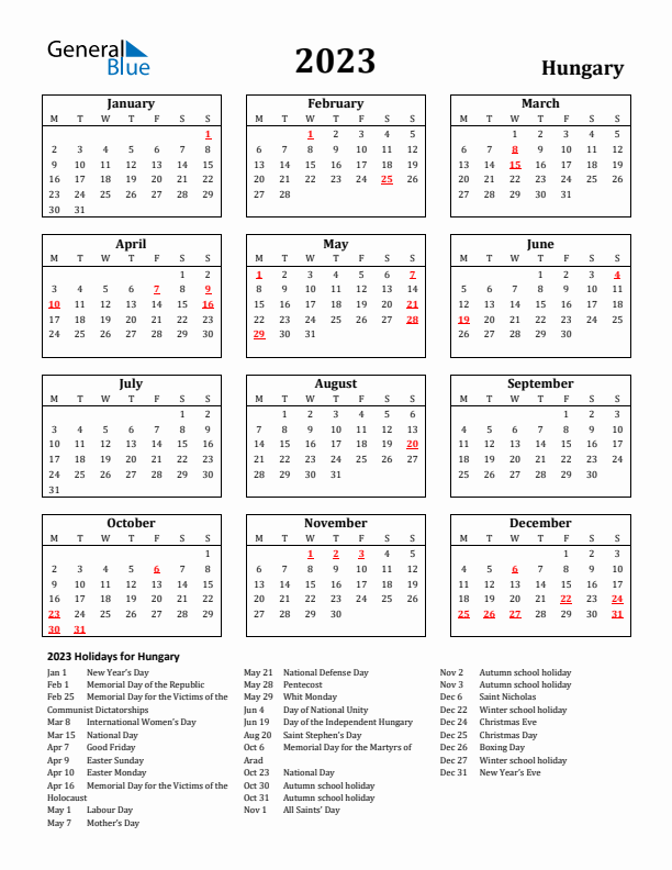 2023 Hungary Holiday Calendar - Monday Start