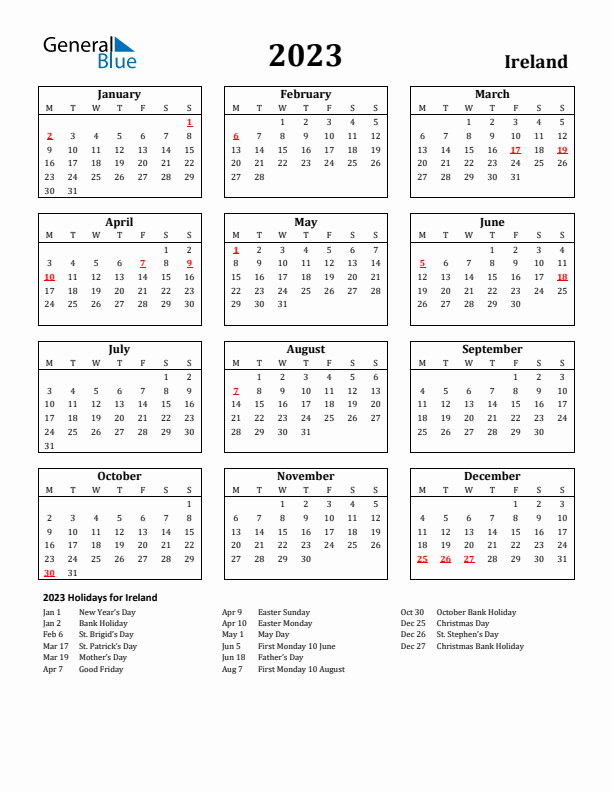 2023 Ireland Holiday Calendar - Monday Start