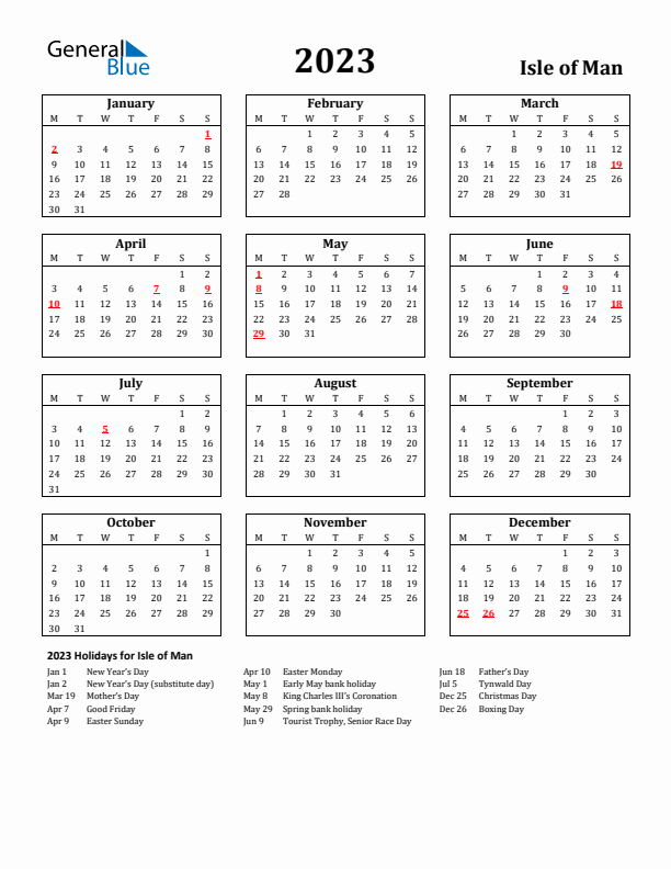 2023 Isle of Man Holiday Calendar - Monday Start