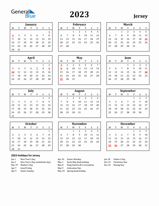 2023 Jersey Holiday Calendar - Monday Start