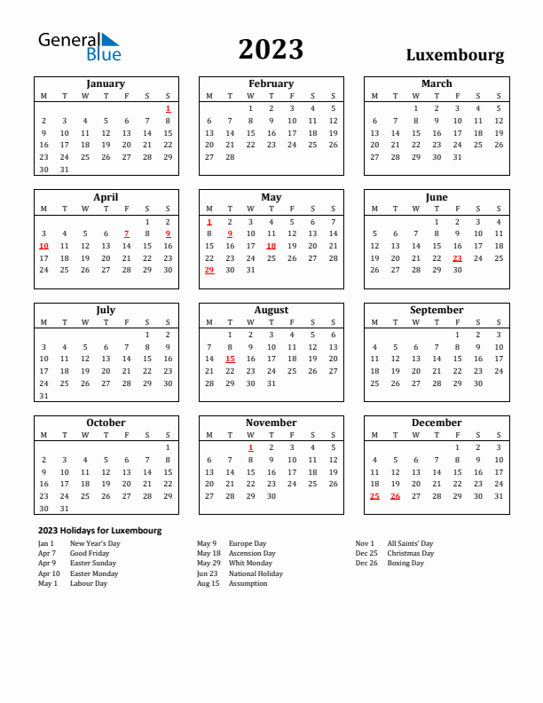 2023 Luxembourg Holiday Calendar - Monday Start