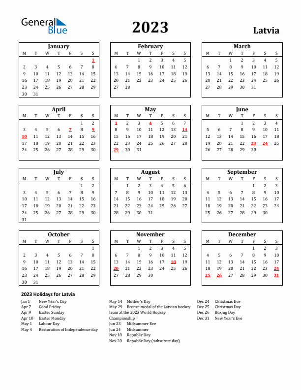 2023 Latvia Holiday Calendar - Monday Start