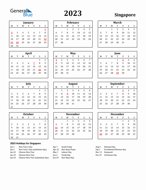 2023 Singapore Holiday Calendar - Monday Start