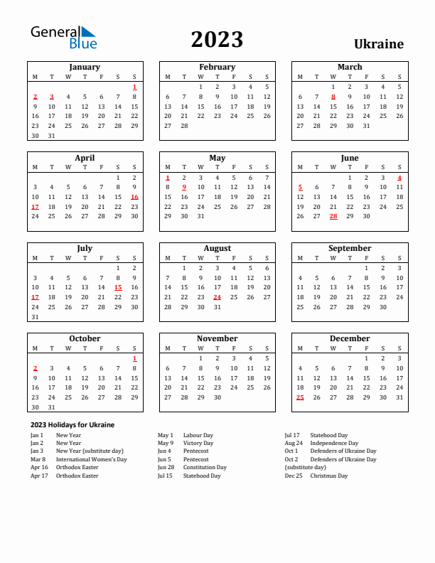 2023 Ukraine Holiday Calendar - Monday Start