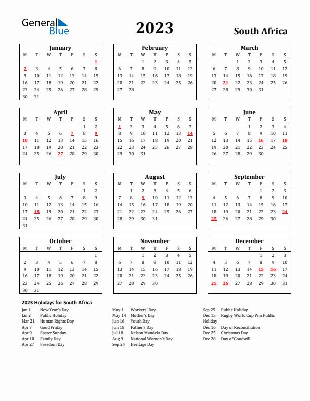 2023 South Africa Holiday Calendar - Monday Start