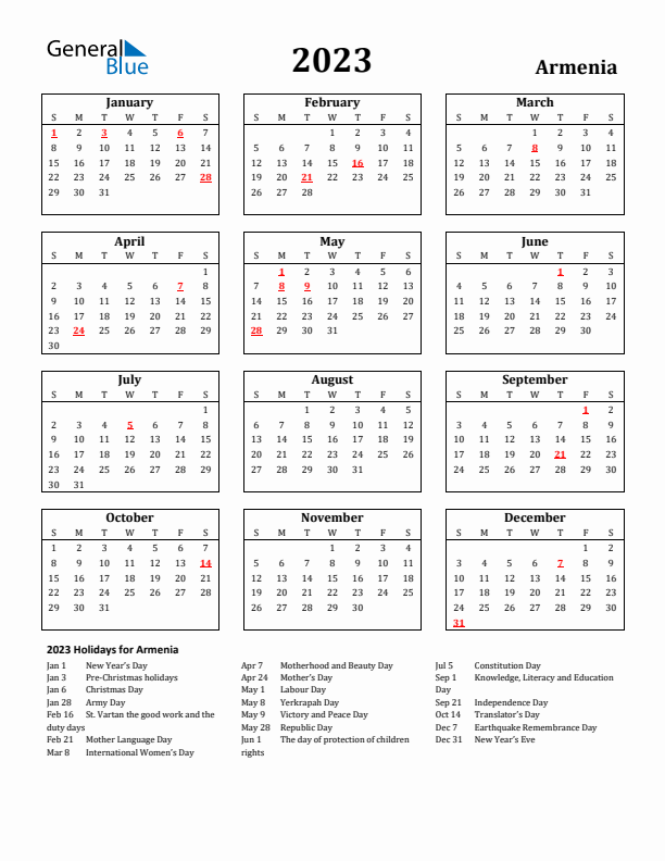 2023 Armenia Holiday Calendar - Sunday Start