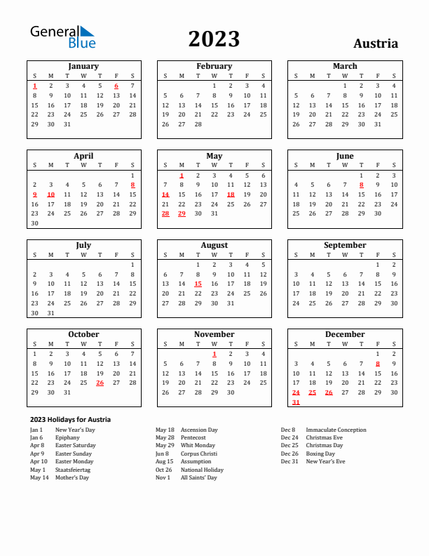 2023 Austria Holiday Calendar - Sunday Start