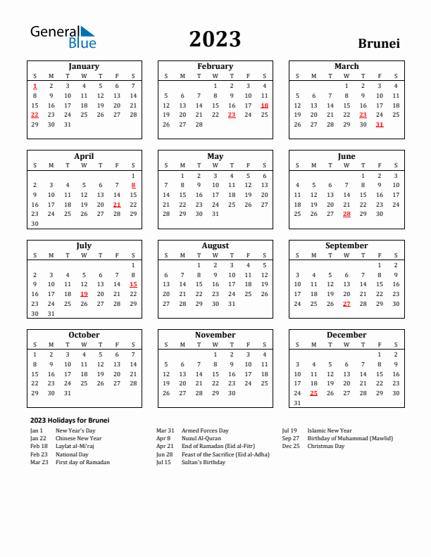 2023 Brunei Holiday Calendar - Sunday Start