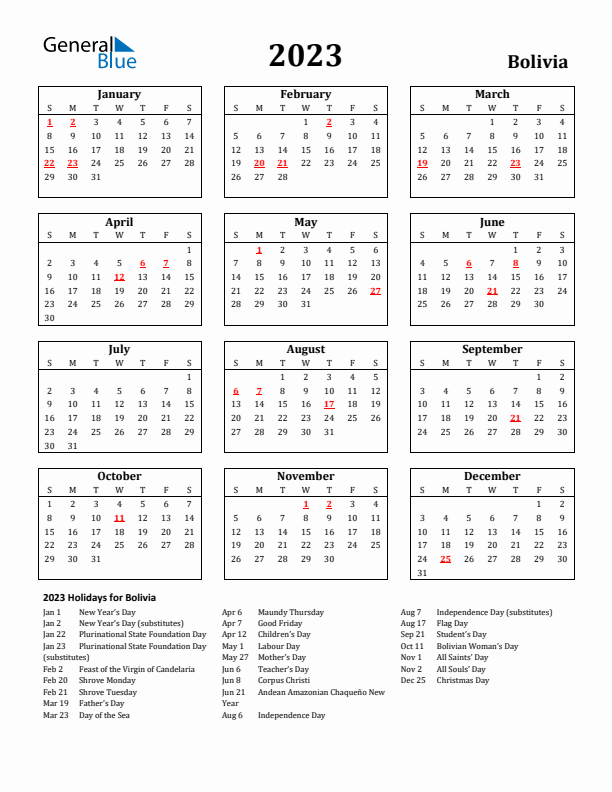 2023 Bolivia Holiday Calendar - Sunday Start