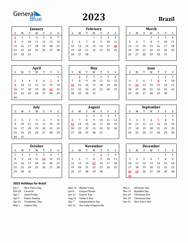 2023 Brazil Holiday Calendar - Sunday Start