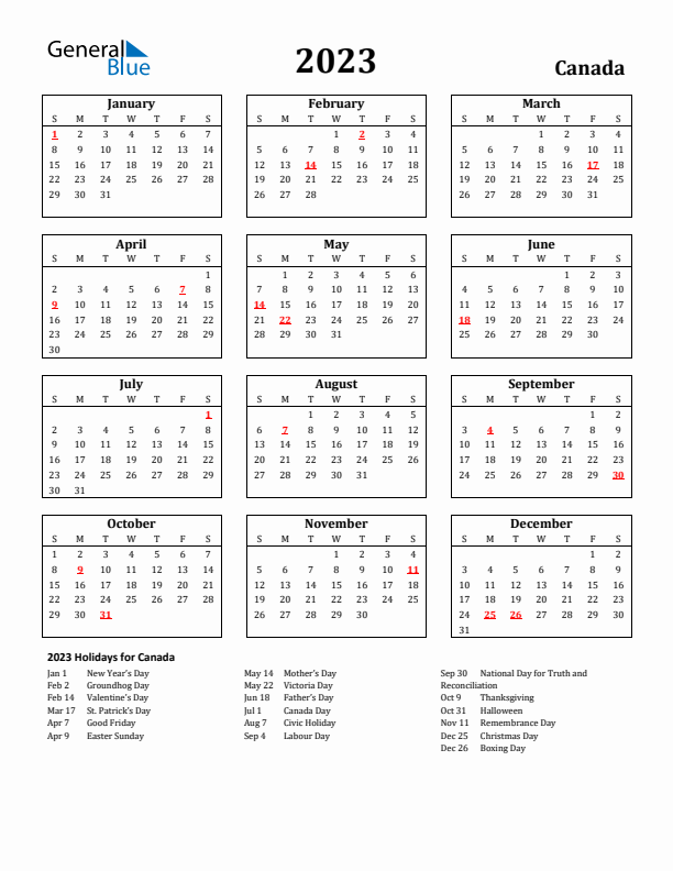 2023 Canada Holiday Calendar - Sunday Start