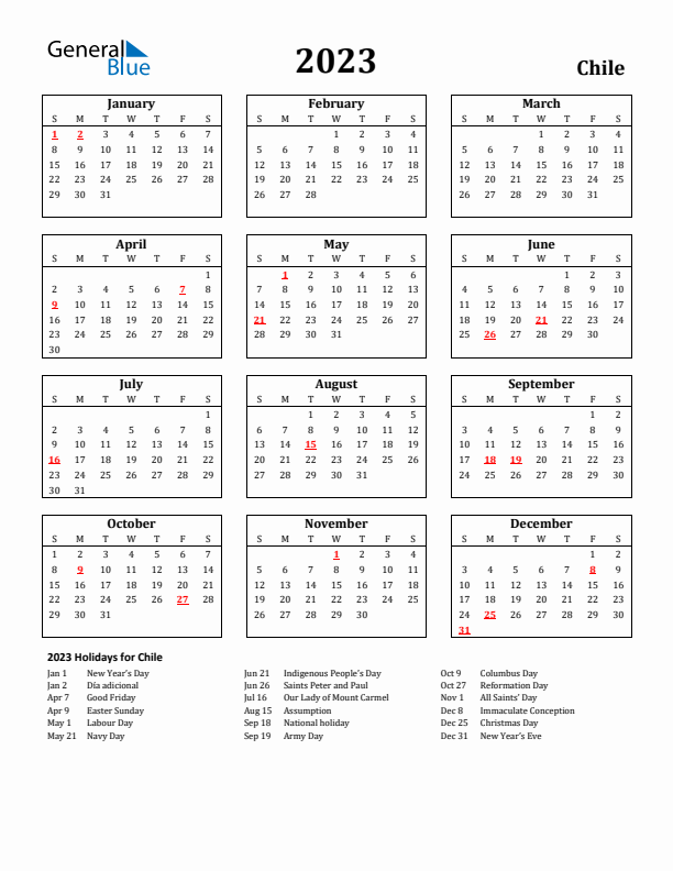 2023 Chile Holiday Calendar - Sunday Start