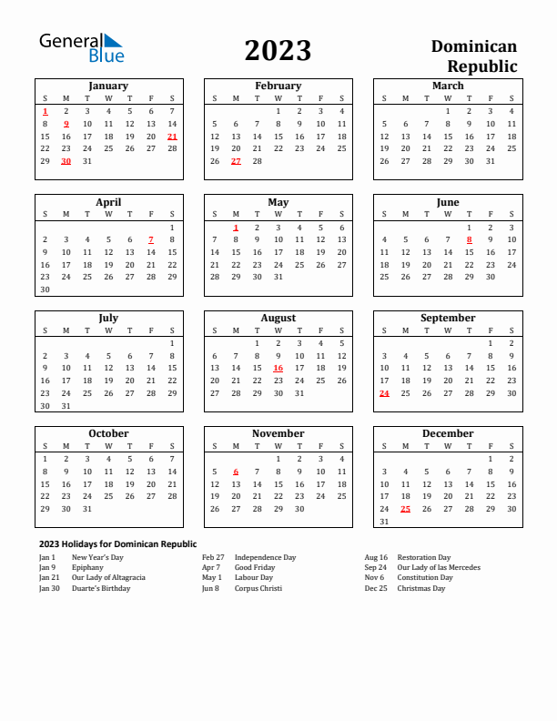 2023 Dominican Republic Holiday Calendar - Sunday Start