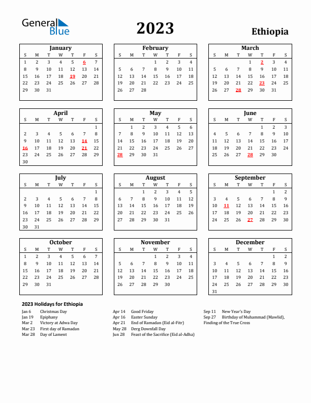 2023 Ethiopia Holiday Calendar - Sunday Start