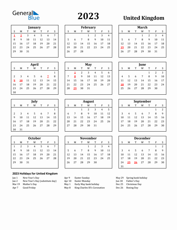 2023 United Kingdom Holiday Calendar - Sunday Start