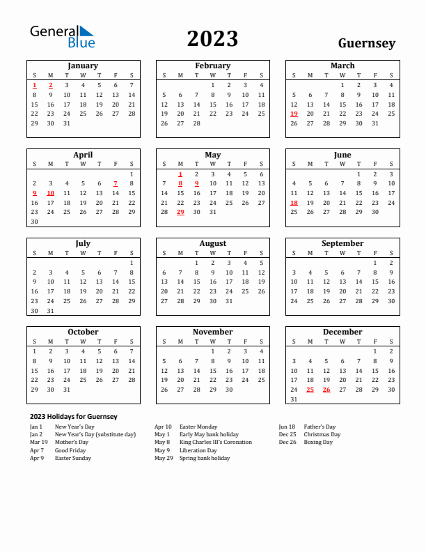 2023 Guernsey Holiday Calendar - Sunday Start