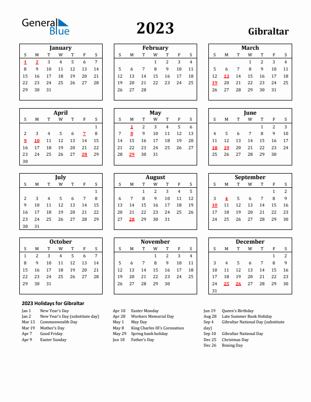 2023 Gibraltar Holiday Calendar - Sunday Start