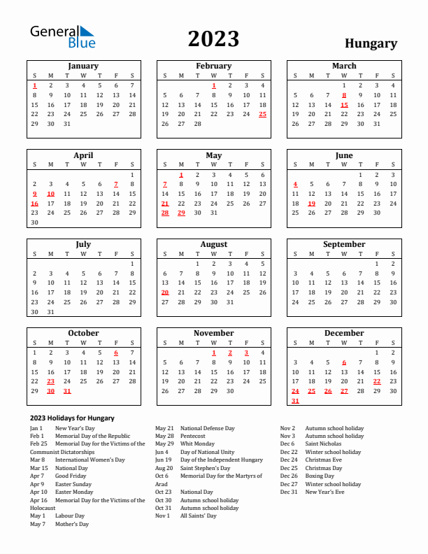 2023 Hungary Holiday Calendar - Sunday Start