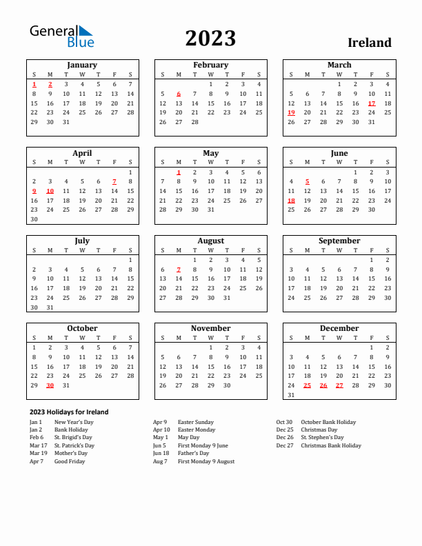 2023 Ireland Holiday Calendar - Sunday Start