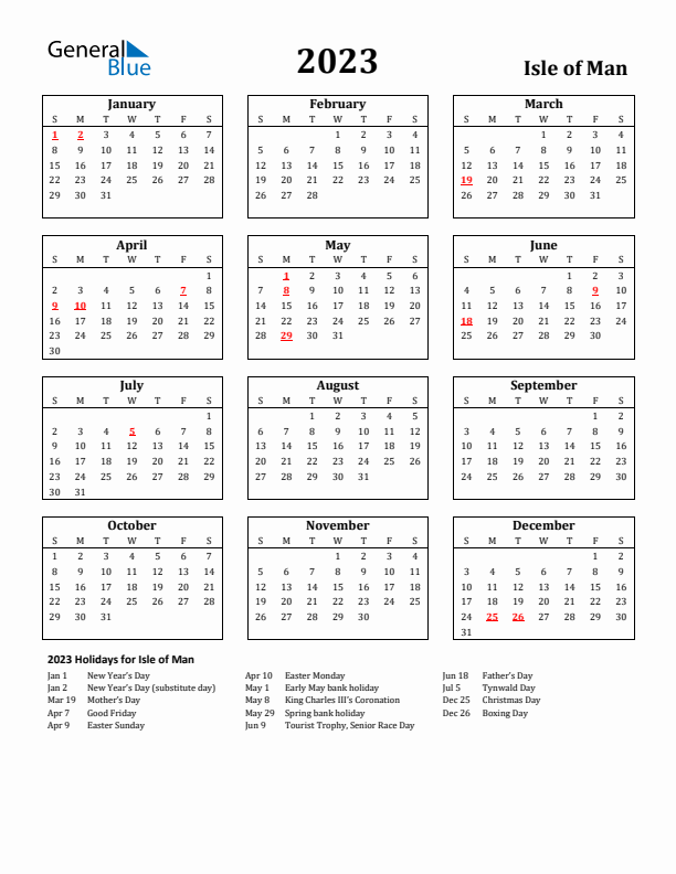 2023 Isle of Man Holiday Calendar - Sunday Start