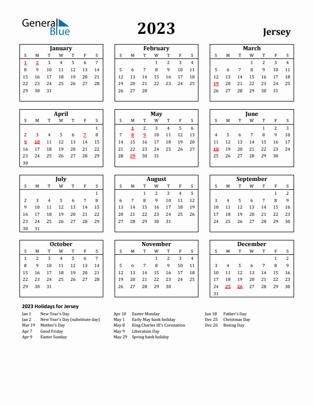 2023 Jersey Holiday Calendar - Sunday Start