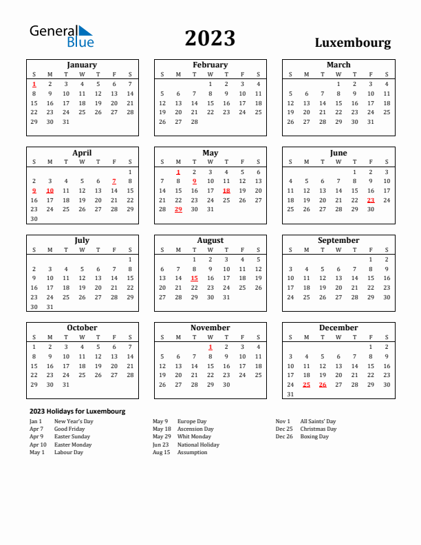 2023 Luxembourg Holiday Calendar - Sunday Start