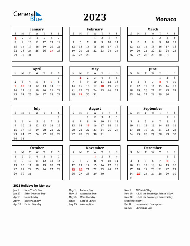 2023 Monaco Holiday Calendar - Sunday Start