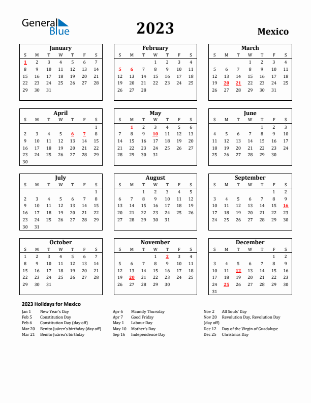 2023 Mexico Holiday Calendar - Sunday Start