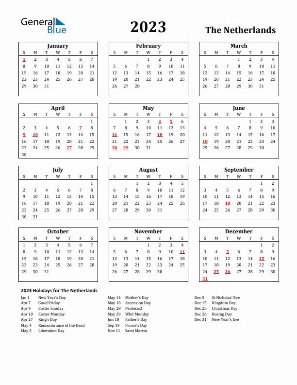 2023 The Netherlands Holiday Calendar - Sunday Start