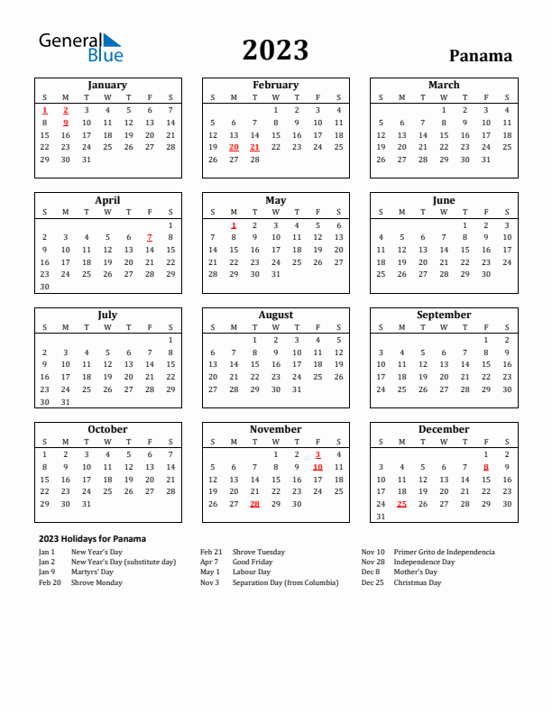 2023 Panama Holiday Calendar - Sunday Start