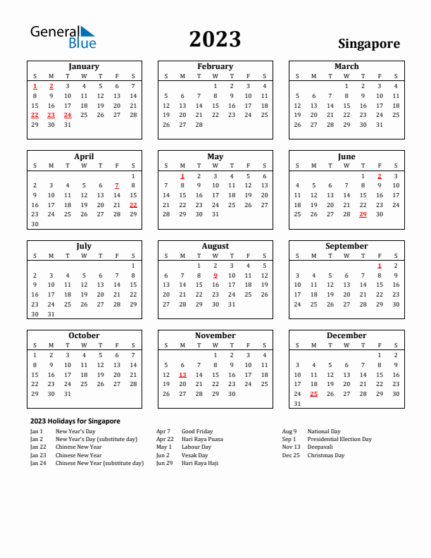 2023 Singapore Holiday Calendar - Sunday Start