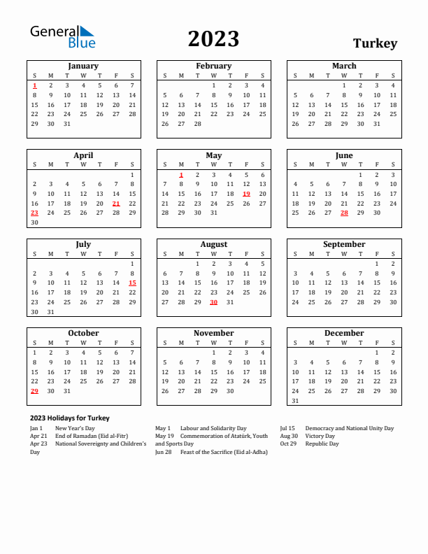 2023 Turkey Holiday Calendar - Sunday Start