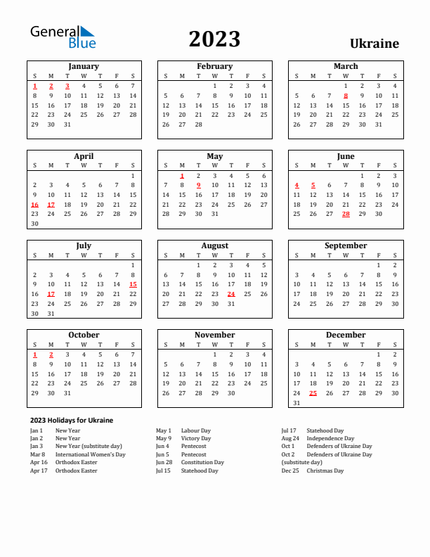 2023 Ukraine Holiday Calendar - Sunday Start