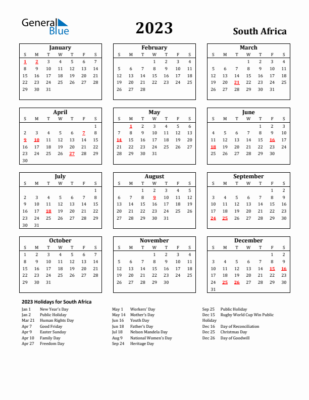 2023 South Africa Holiday Calendar - Sunday Start