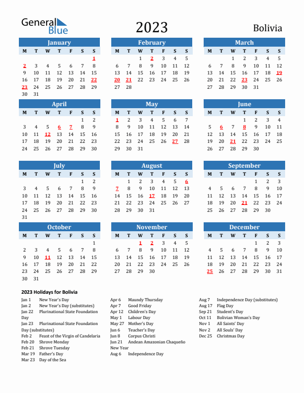 Printable Calendar 2023 with Bolivia Holidays (Monday Start)