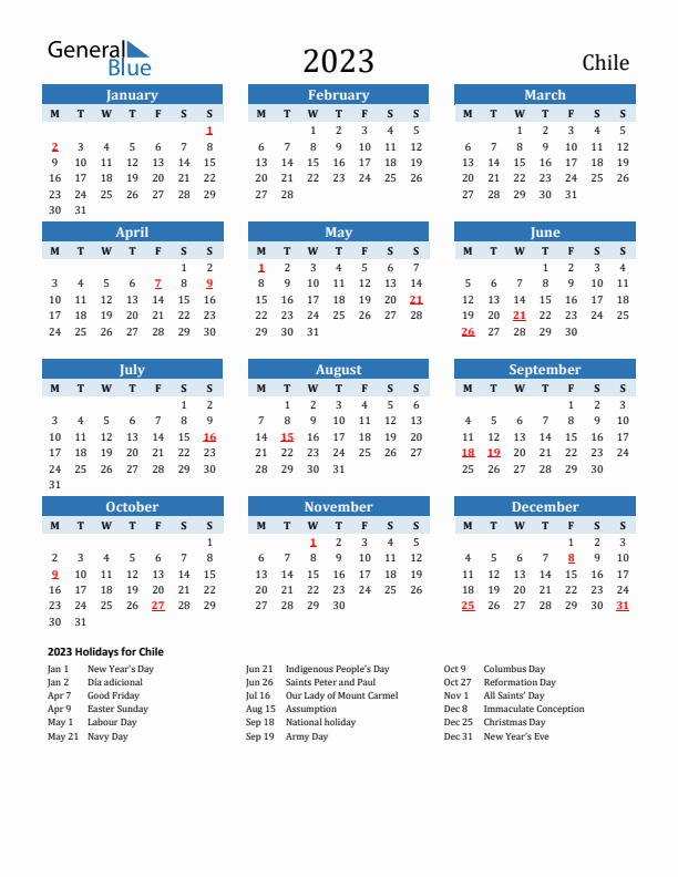 Printable Calendar 2023 with Chile Holidays (Monday Start)