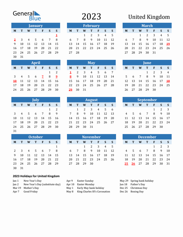 Printable Calendar 2023 with United Kingdom Holidays (Monday Start)