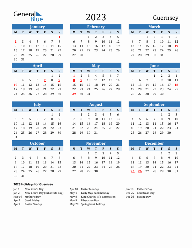 Printable Calendar 2023 with Guernsey Holidays (Monday Start)