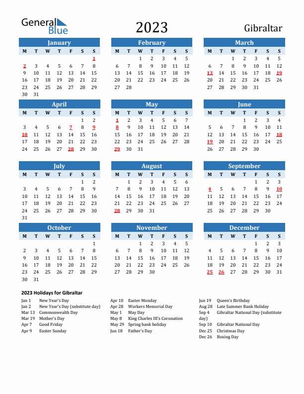 Printable Calendar 2023 with Gibraltar Holidays (Monday Start)