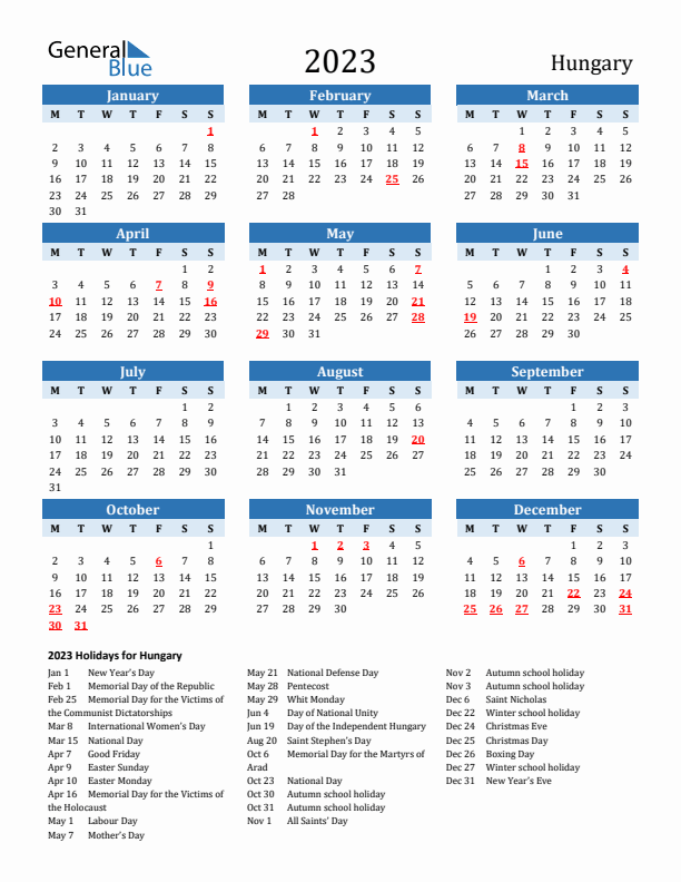 Printable Calendar 2023 with Hungary Holidays (Monday Start)