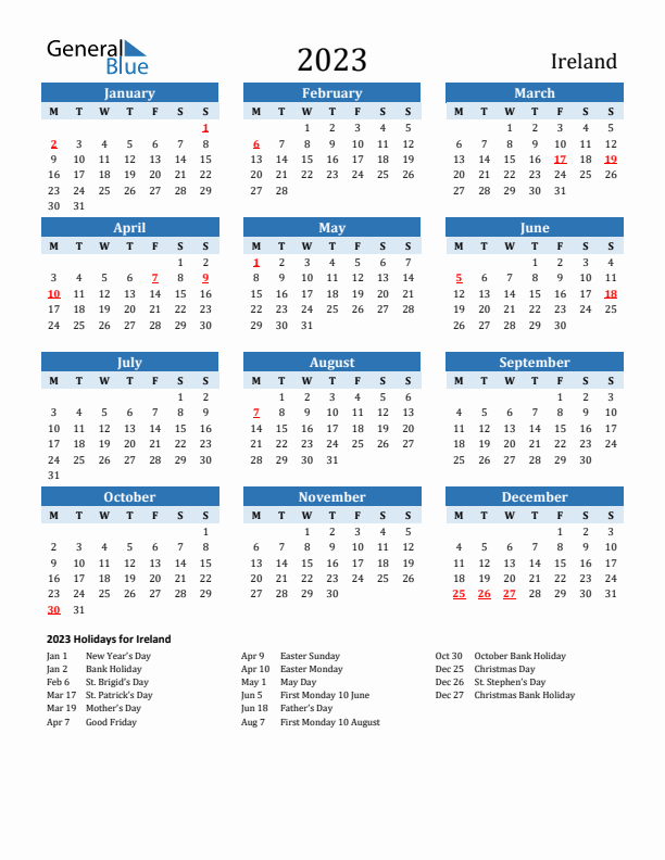 Printable Calendar 2023 with Ireland Holidays (Monday Start)