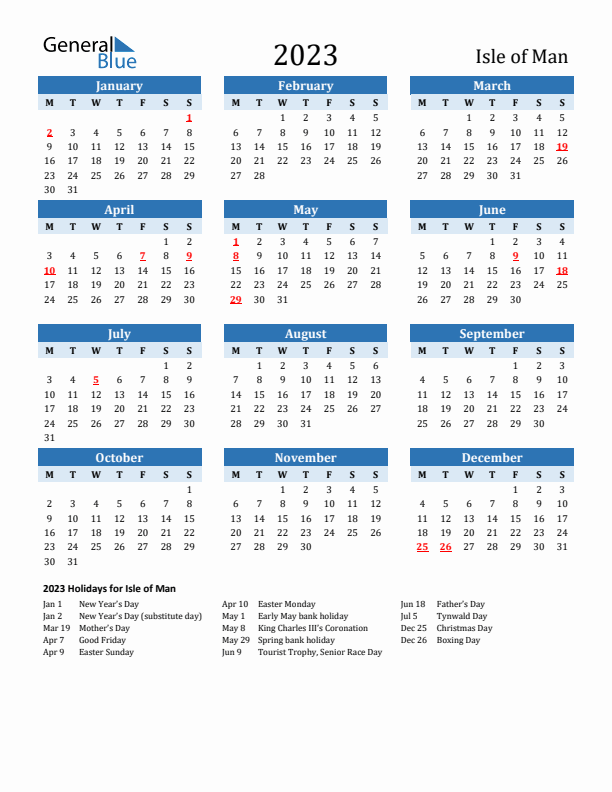 Printable Calendar 2023 with Isle of Man Holidays (Monday Start)