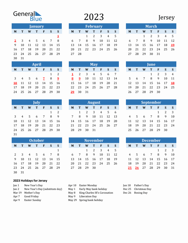 Printable Calendar 2023 with Jersey Holidays (Monday Start)